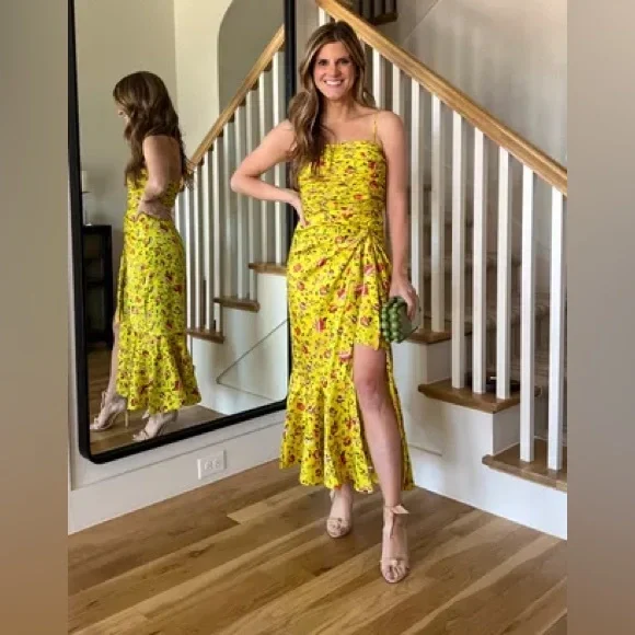 Cinq a Sept Katz Provence Dress 14 Yellow Floral Ruched Satin Midi Formal - Picture 16 of 16